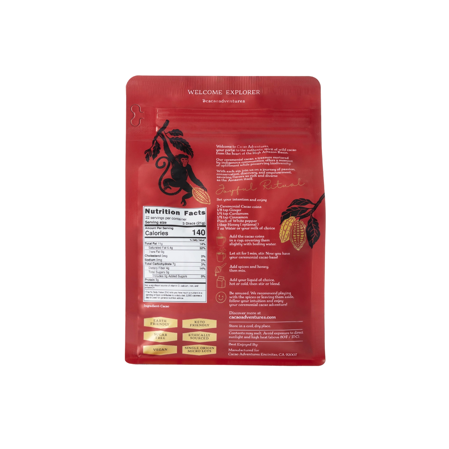 Back of ceremonial cacao packaging showing nutrition facts and preparation instructions