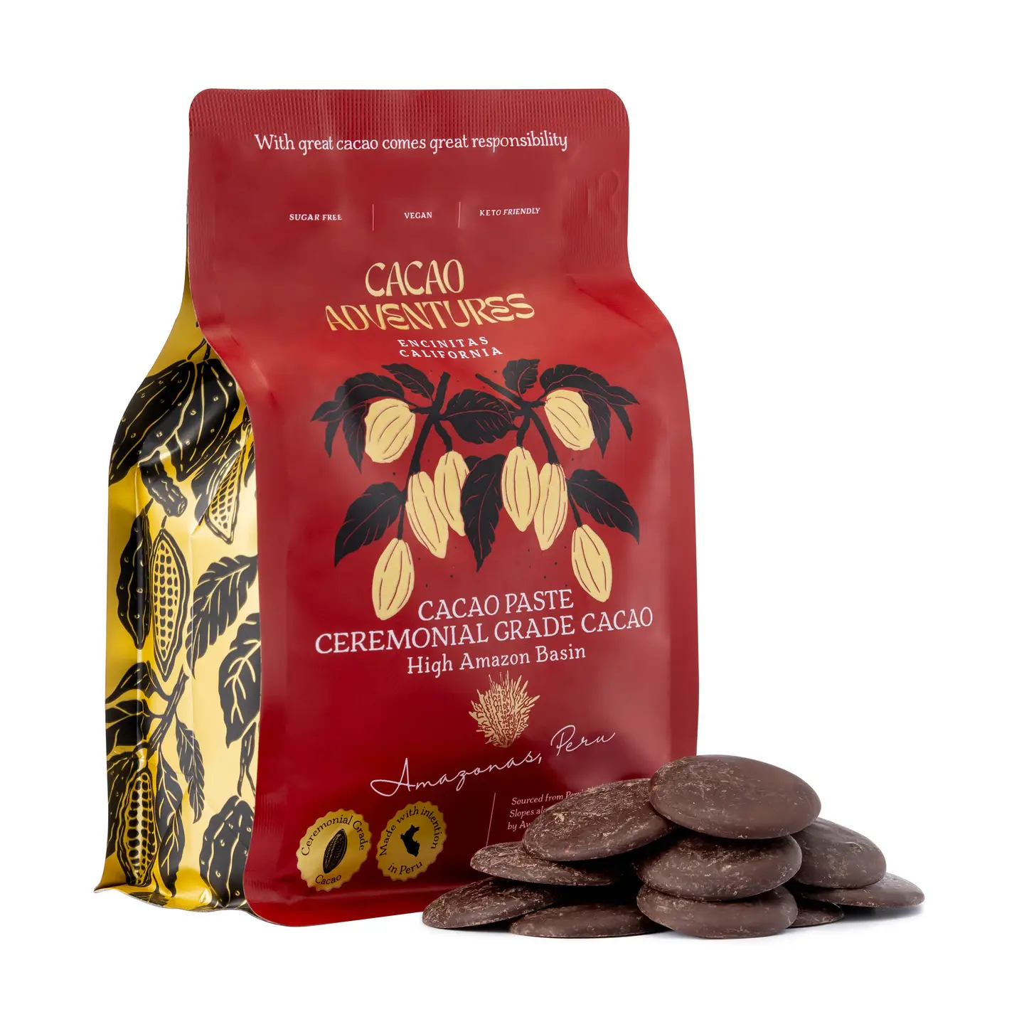 Ceremonial grade cacao paste discs in red pouch packaging from the High Amazon Basin