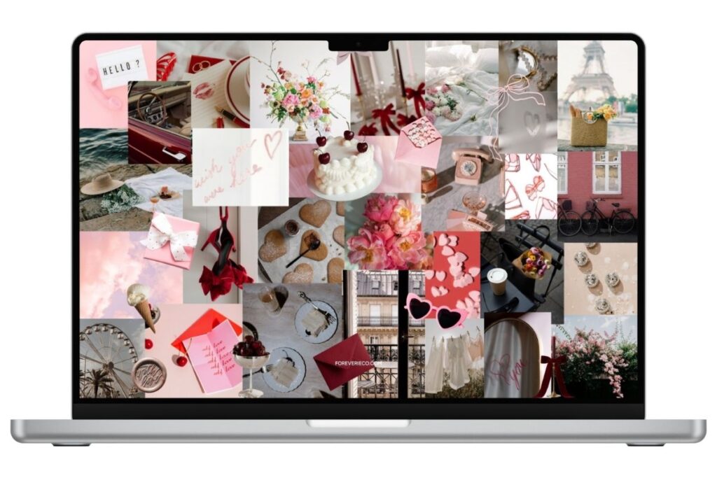 Laptop mockup displaying February 2026 desktop wallpaper with romantic pink collage aesthetic.