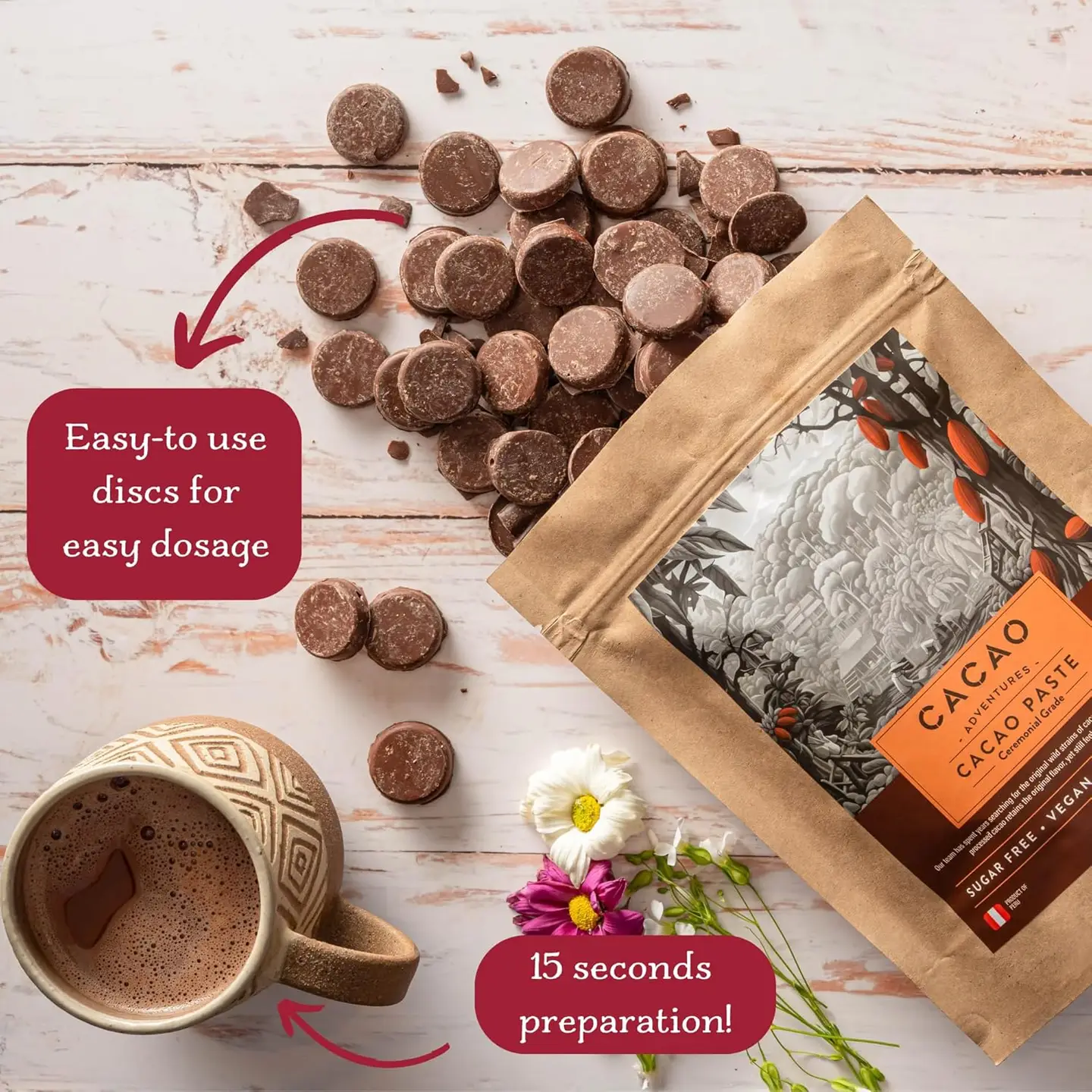 Single origin ceremonial cacao highlighting mood and energy support benefits