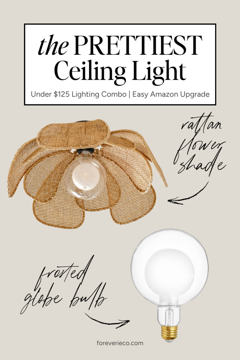 Rattan flower flush mount ceiling light under $125 with frosted globe bulb