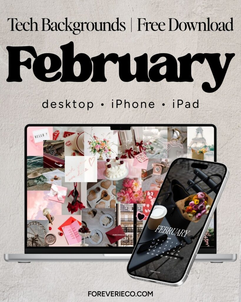 February 2026 aesthetic wallpapers preview for desktop, iPhone, and iPad featuring romantic and soft pink themed backgrounds