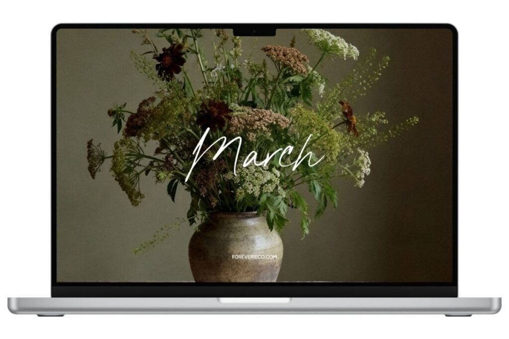 Laptop mockup displaying March 2026 desktop wallpaper with wild floral arrangement in a ceramic vase