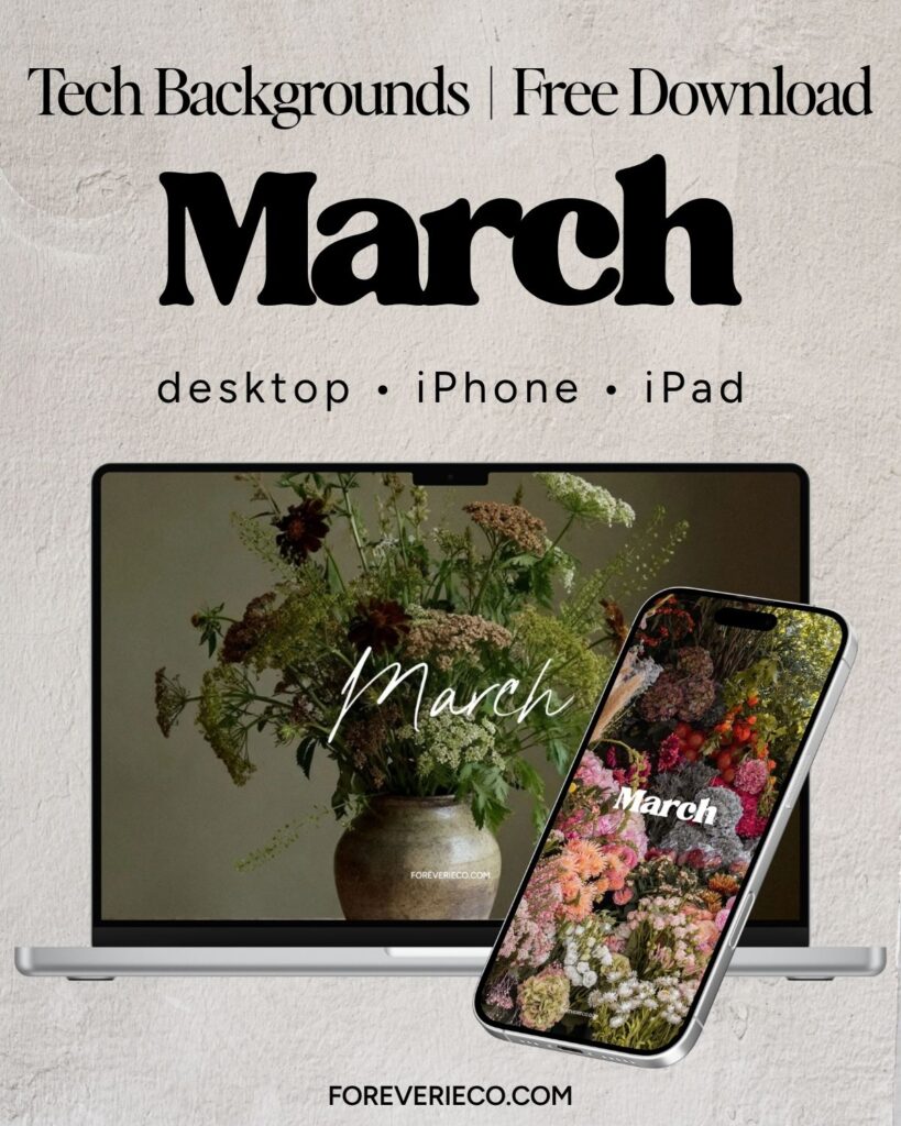 March 2026 aesthetic wallpapers preview for desktop, iPhone, and iPad featuring floral and soft spring-inspired backgrounds