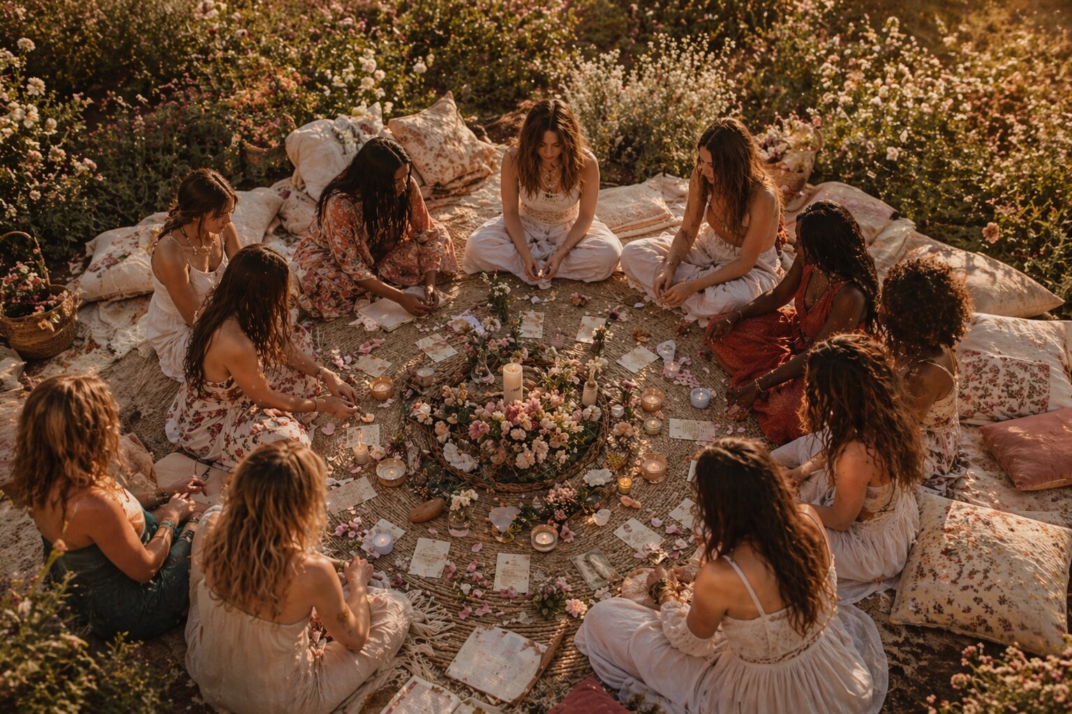 Aesthetic outdoor women’s circle with candles, flowers, and journals arranged in a bohemian setting at golden hour