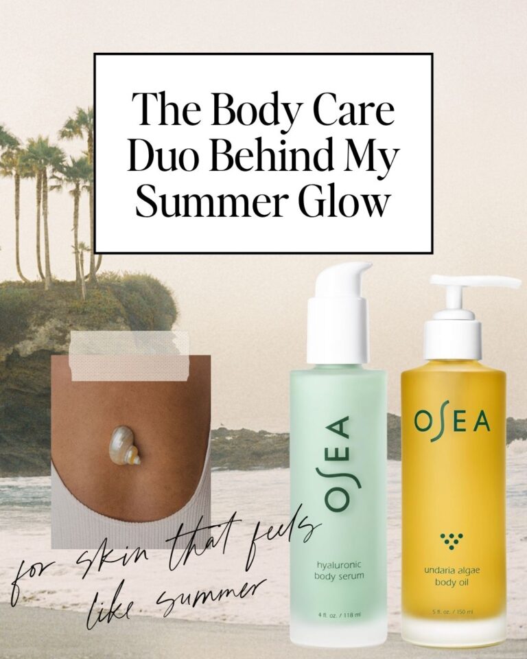 OSEA Hyaluronic Body Serum and Undaria Algae Body Oil styled against a beach backdrop for a summer body care routine.