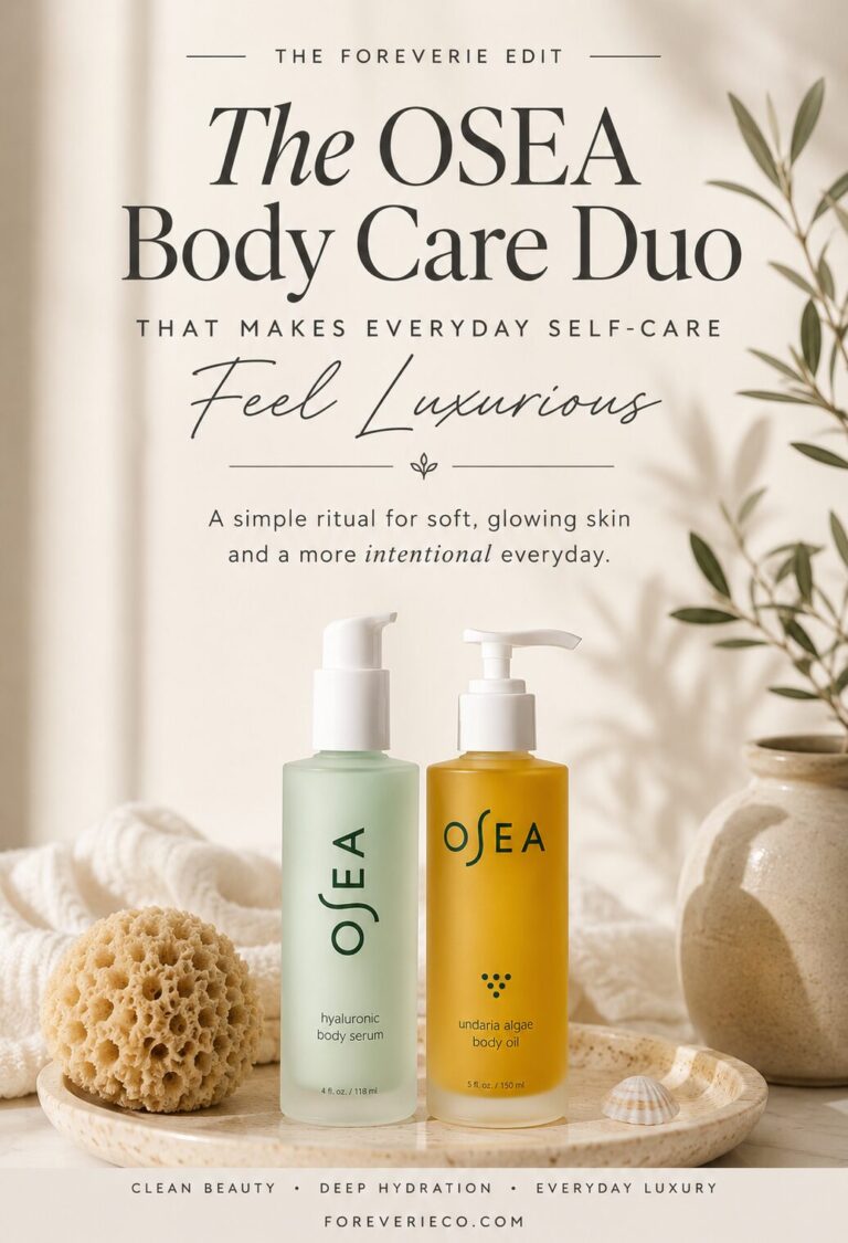 OSEA Hyaluronic Body Serum and Undaria Algae Body Oil styled as a luxury wellness blog cover for an intentional body care ritual.