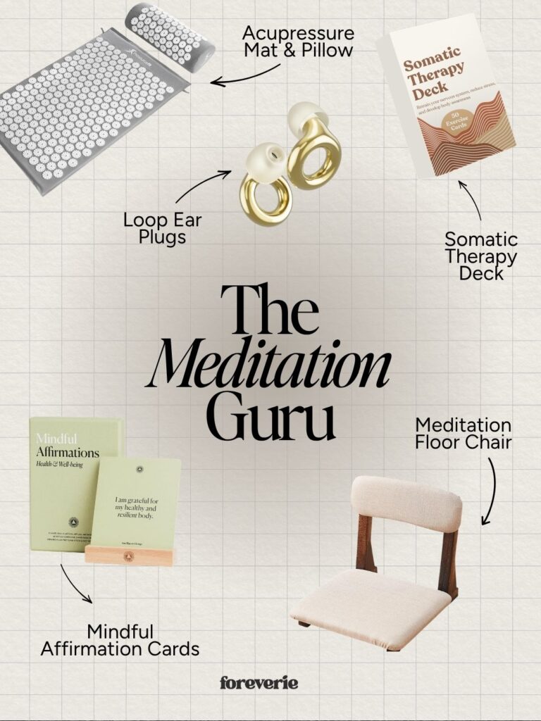 Mindfulness gift ideas including meditation floor chair, acupressure mat, Loop earplugs, somatic therapy deck, and affirmation cards