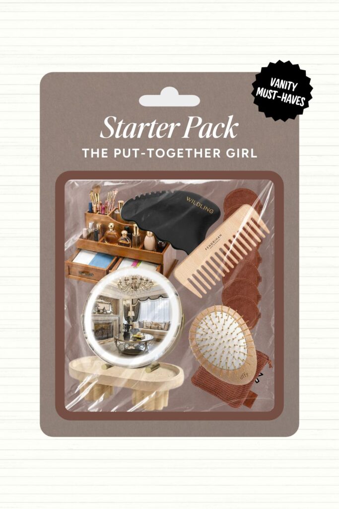 Beauty tool starter pack featuring a gua sha, wooden wide-tooth comb, spa headbands, scalp massager, lighted vanity mirror, and vanity organizer.