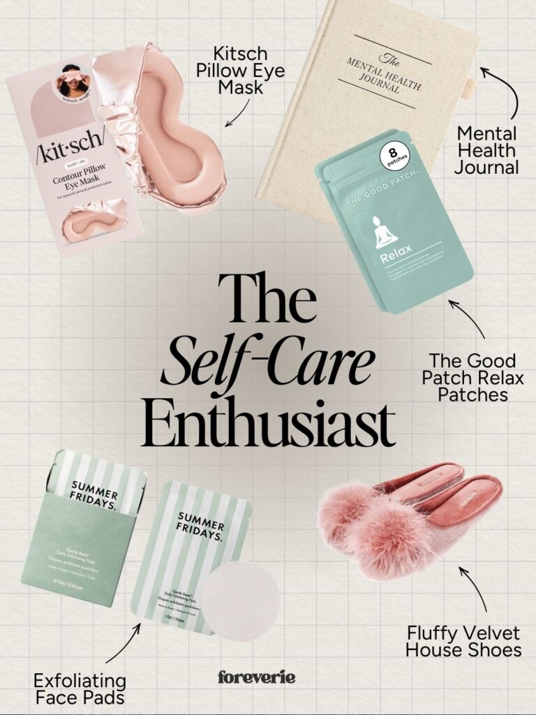 Self-care gift ideas including fluffy slippers, Kitsch eye mask, exfoliating pads, journal, and relaxation patches