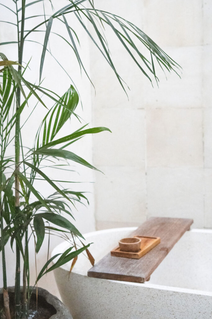 Minimal bathroom with a soaking tub, wooden bath tray, and leafy indoor plant creating a calm self-care space.