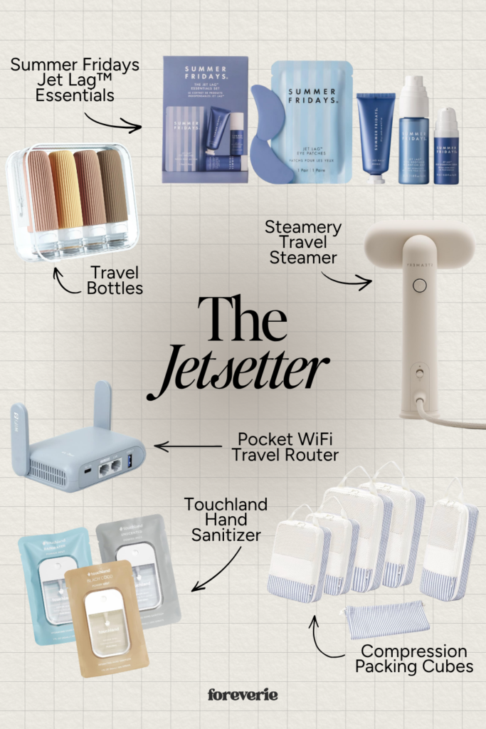 Six chic travel essentials including packing cubes, travel bottles, skincare, a travel steamer, hand sanitizer, and a portable Wi-Fi router
