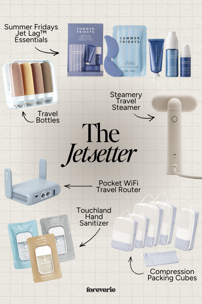 Six chic travel essentials including packing cubes, travel bottles, skincare, a travel steamer, hand sanitizer, and a portable Wi-Fi router
