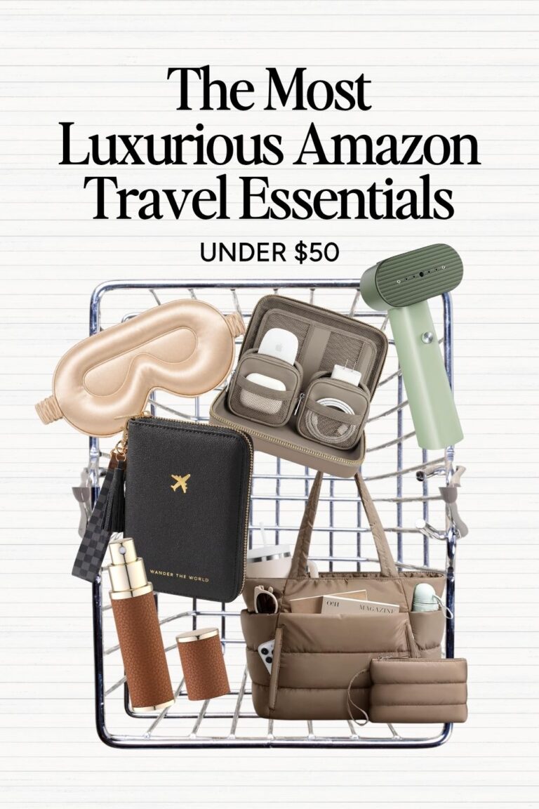 Luxury Amazon travel essentials under $50 arranged for an organized, stylish trip