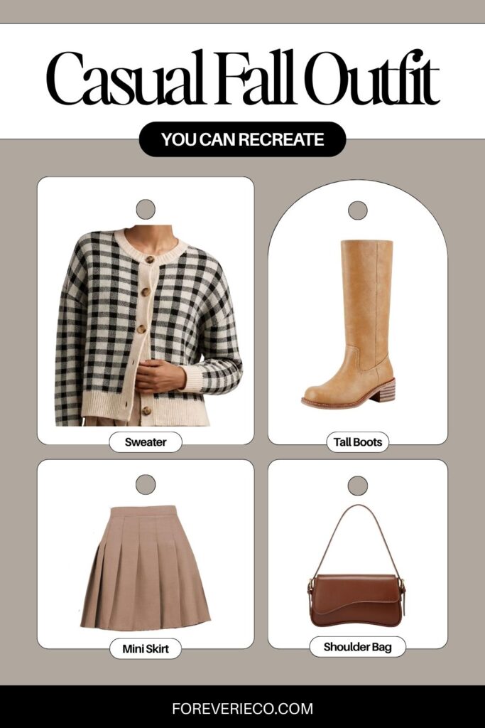 Outfit collage showing a plaid sweater, pleated mini skirt, knee-high boots, and shoulder bag styled together for fall.