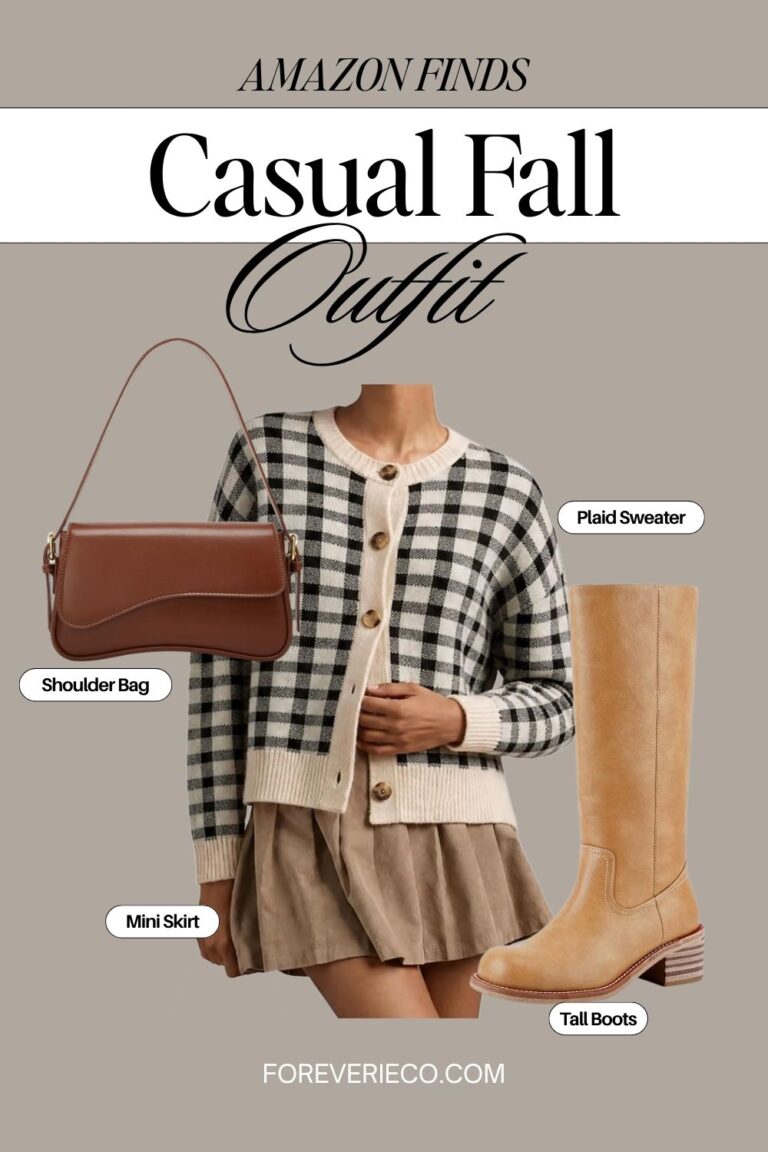 Fall outfit collage featuring a plaid sweater, pleated mini skirt, knee-high boots, and shoulder bag, with item labels and Foreverie’s website address.