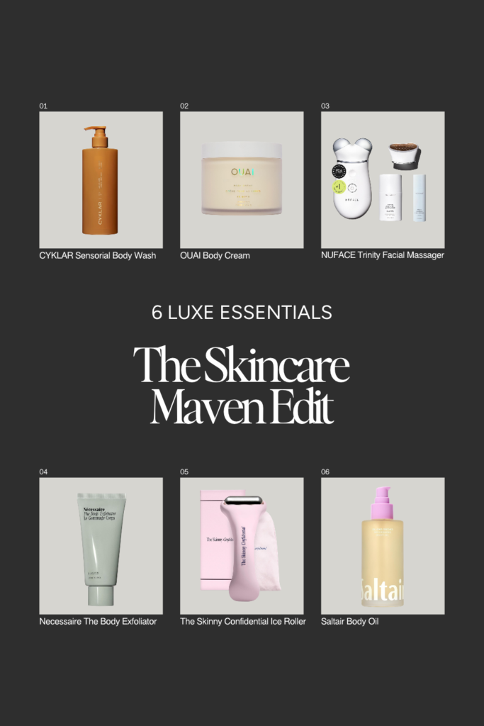 Six luxe skincare and body care essentials displayed in a numbered product grid, including body wash, body cream, a facial massager, exfoliator, ice roller, and body oil