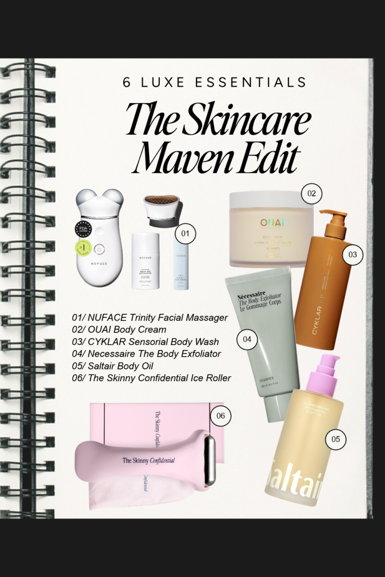 Six luxe skincare and body care essentials featuring OUAI, CYKLAR, Saltair, Nécessaire, NUFACE, and The Skinny Confidential