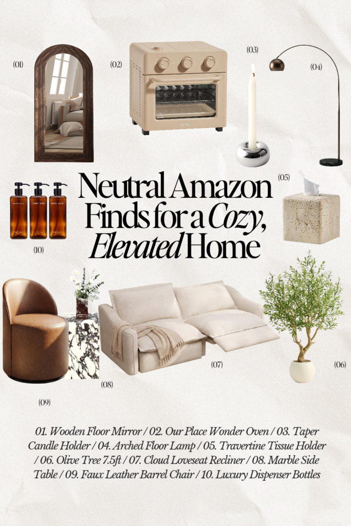 Neutral Amazon home finds including an arched mirror, cream loveseat, faux olive tree, floor lamp, marble side table, and warm home accents.