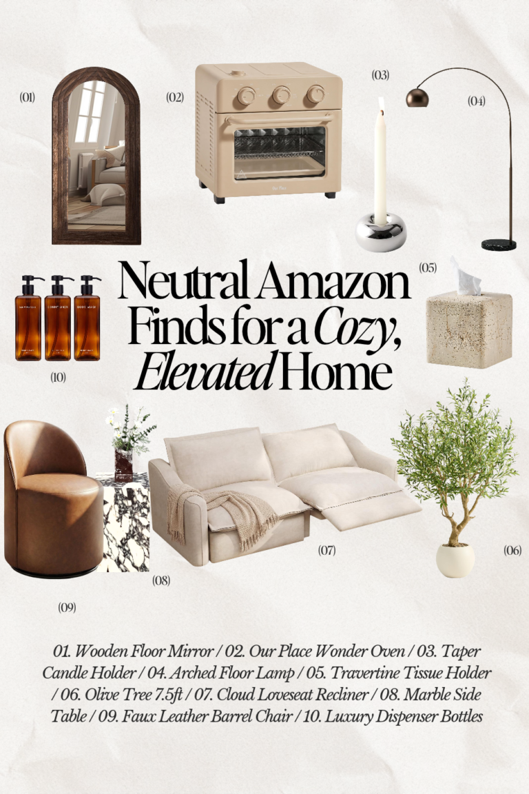 Neutral Amazon home finds including an arched mirror, cream loveseat, faux olive tree, floor lamp, marble side table, and warm home accents.